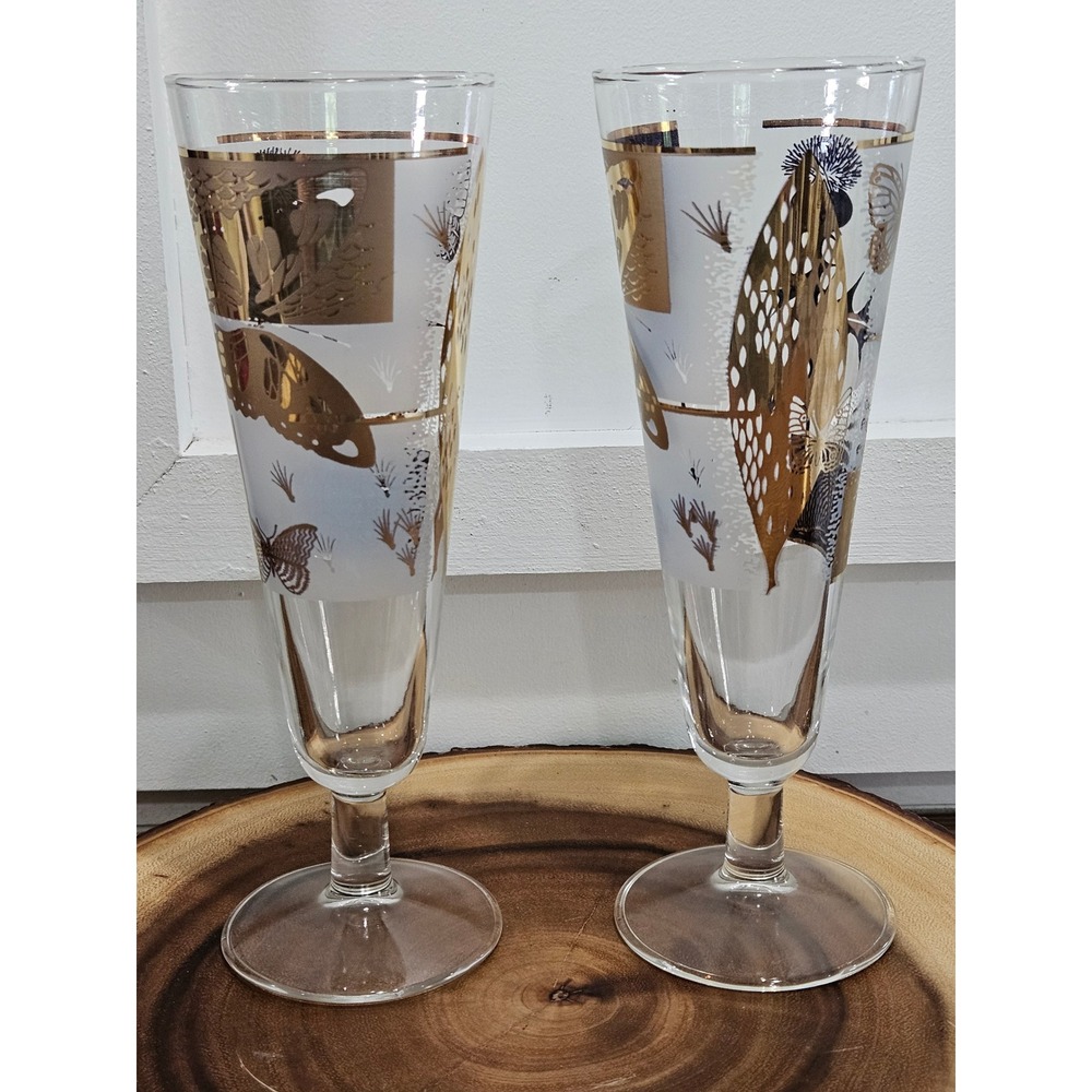 VTG MCM 22 KT Gold Butterfly Thistle Frosted Fred Press Champagne Set of 2 - Picture 3 of 8
